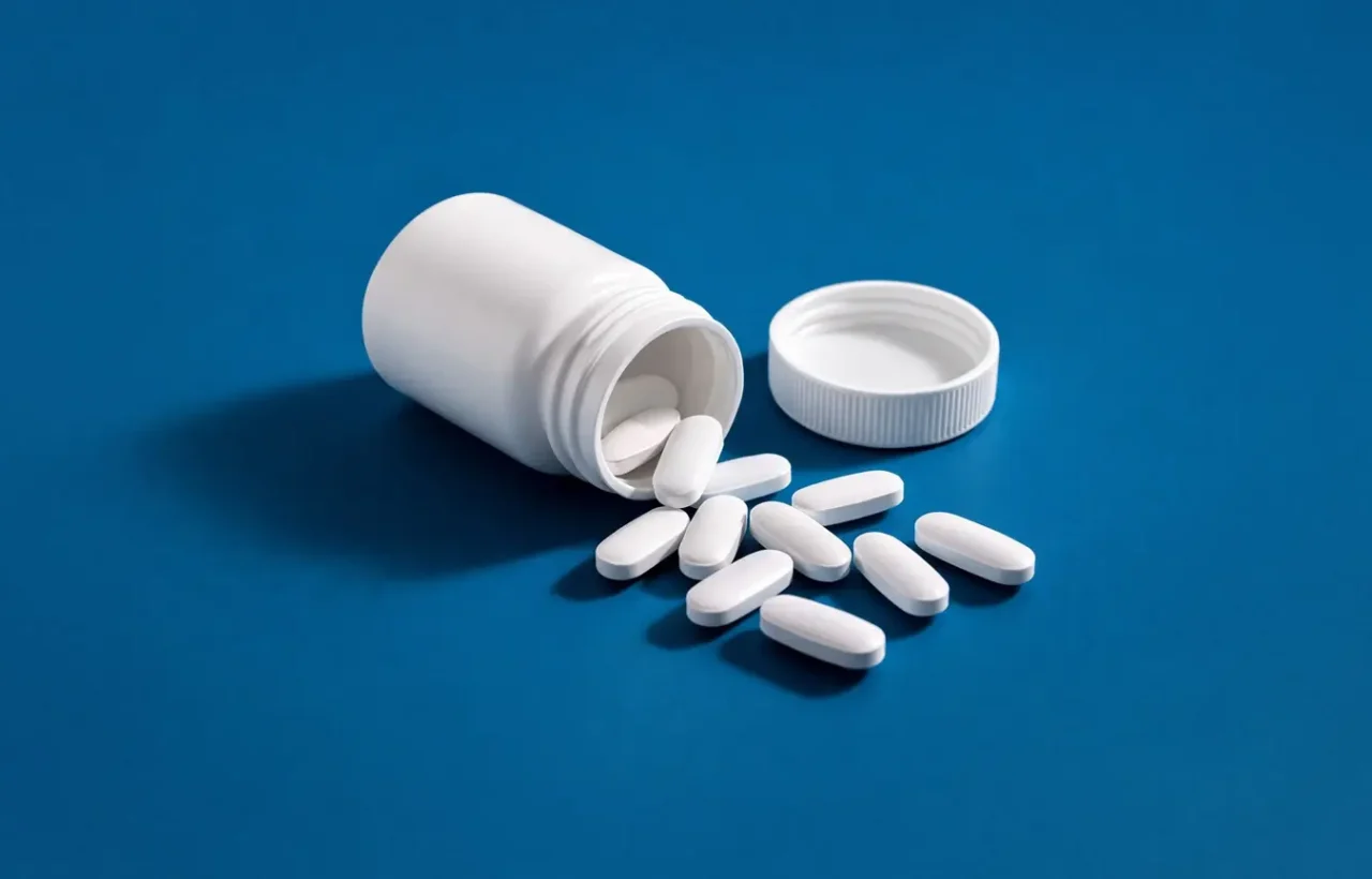 White tablets spilling from an open medicine bottle on a blue surface, illustrating acetaminophen safety questions during pregnancy.