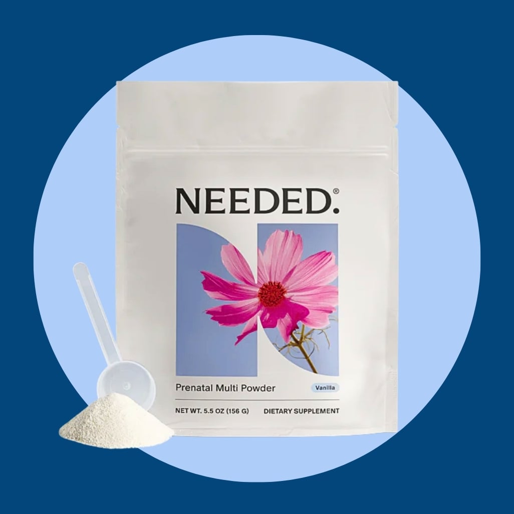 Needed Prenatal Multi Powder pouch in vanilla flavor with a scoop of powder on a blue circular background, maternity supplement image.