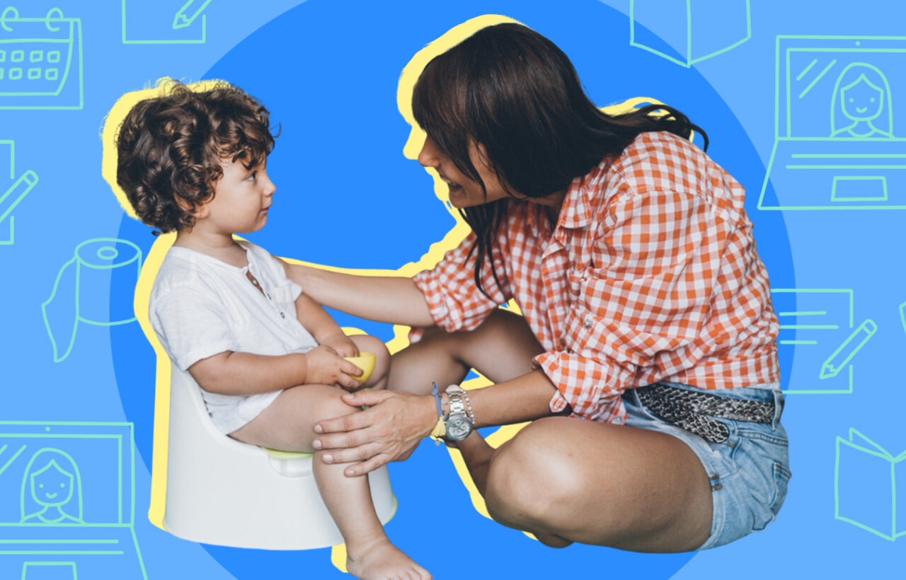 Mother kneeling beside toddler on potty chair during potty training, with playful education icons on a blue background.