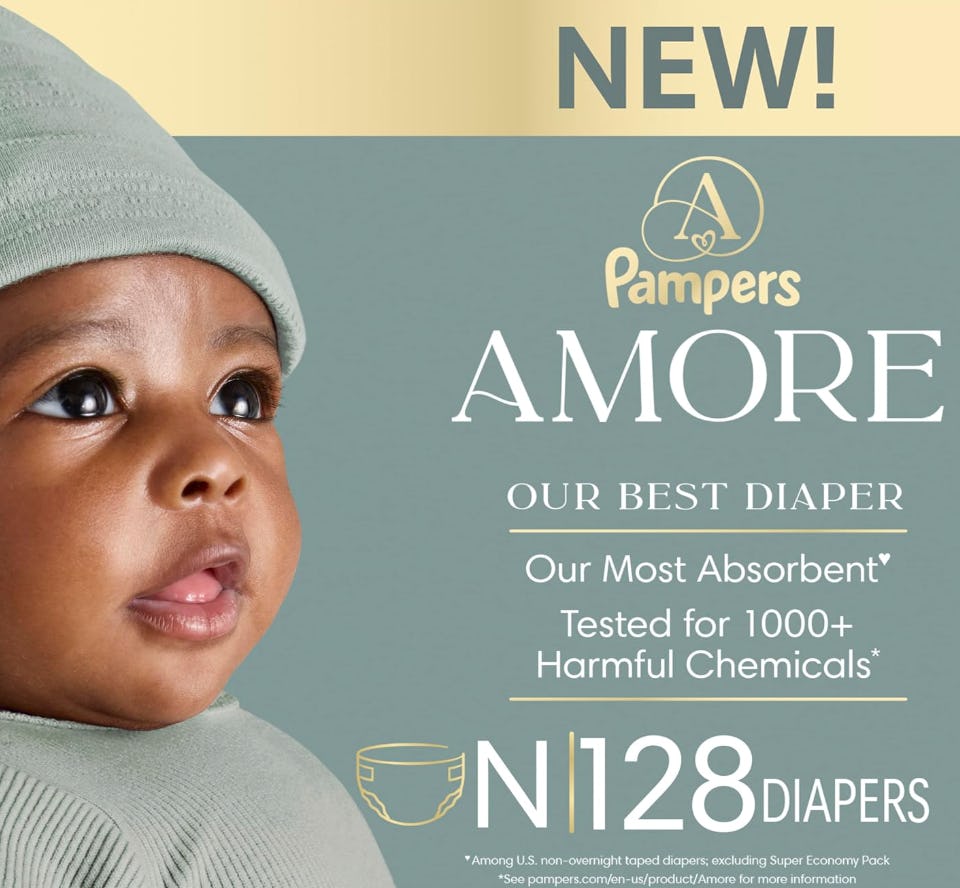 Pampers AMORE diaper ad with a baby in a mint knit outfit and text promoting new absorbent diapers, 128 count.