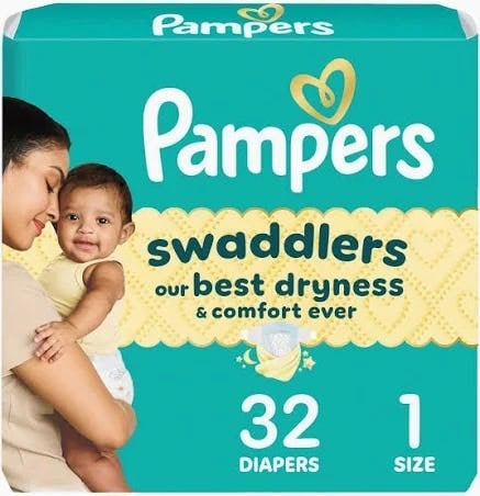 Pampers Swaddlers diaper package showing a mother holding a baby, with teal packaging labeled 32 diapers, size 1.