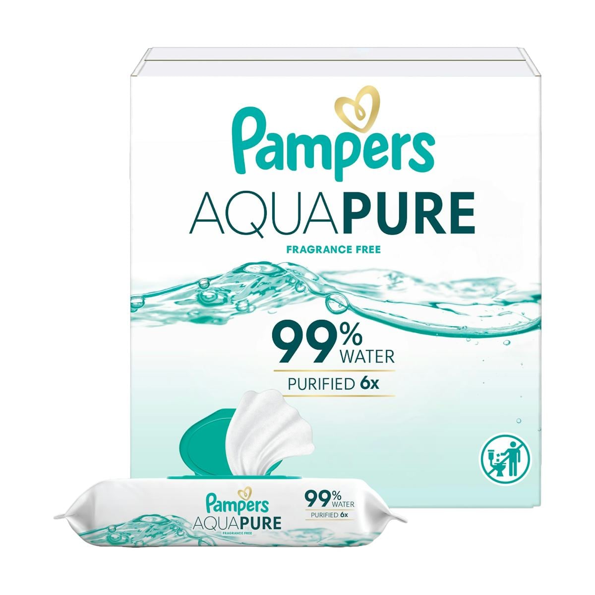 Pampers Aqua Pure fragrance-free baby wipes box and travel pack with 99% water, purified 6x, shown on a clean white background.