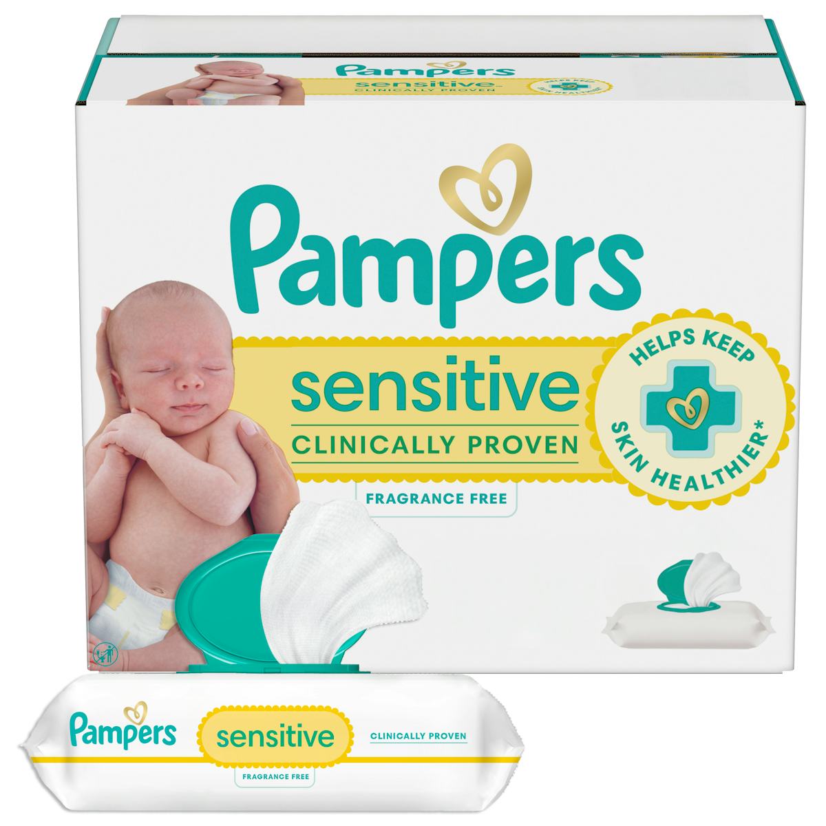 Pampers Sensitive baby wipes box with newborn photo, teal and yellow branding, skin health badge, and white wipes pack in front.