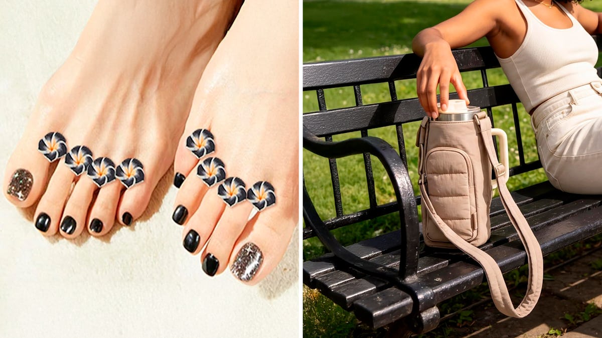 Split image of black pedicure toe separators with floral accents and a beige quilted water bottle bag on a park bench.