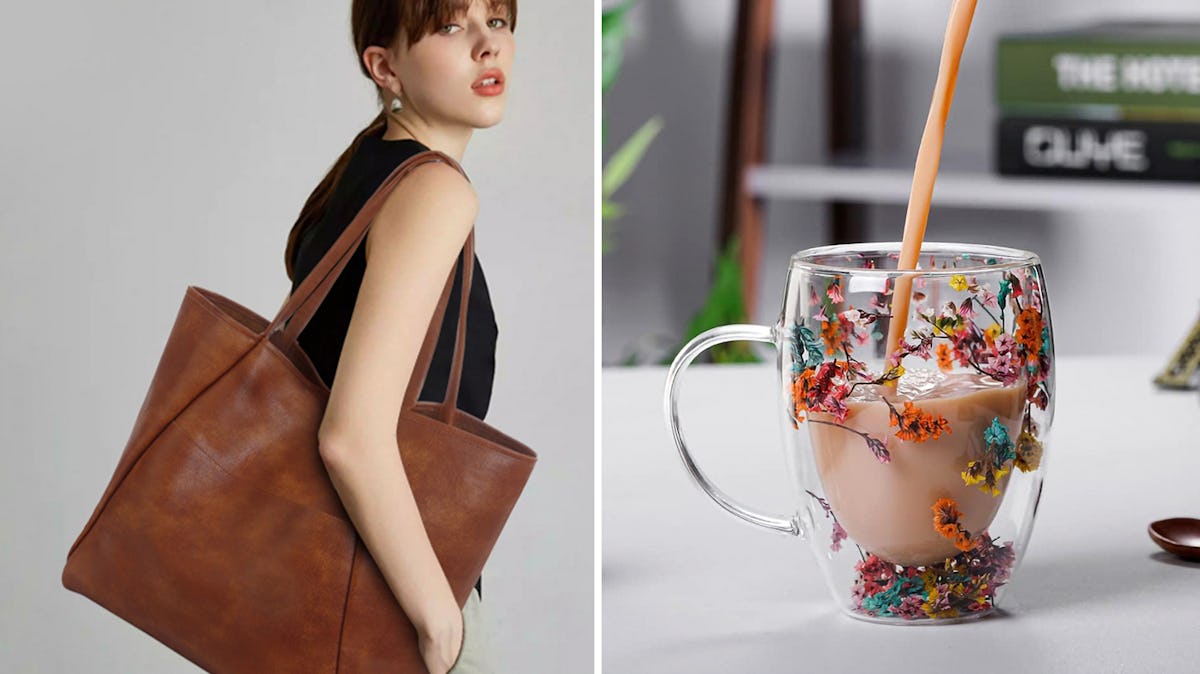 Split image showing a woman carrying a large brown vegan leather tote and a floral double-walled glass mug being filled with a creamy drink.