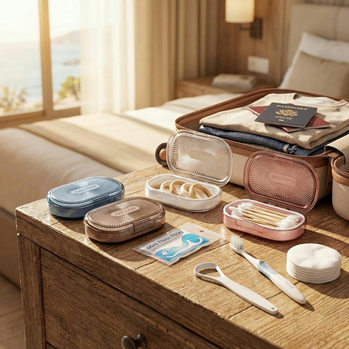 Travel toiletry storage containers, floss picks, cotton swabs, toothbrush, and passport arranged beside an open suitcase in a sunny hotel room