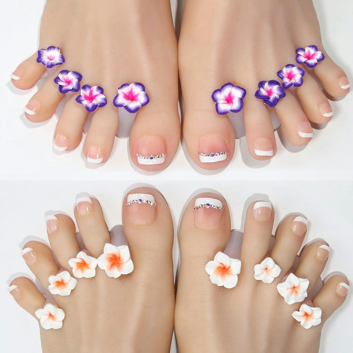 French pedicure feet with floral silicone toe separators, white nail tips, rhinestone accents, and purple and white flower designs on toes.