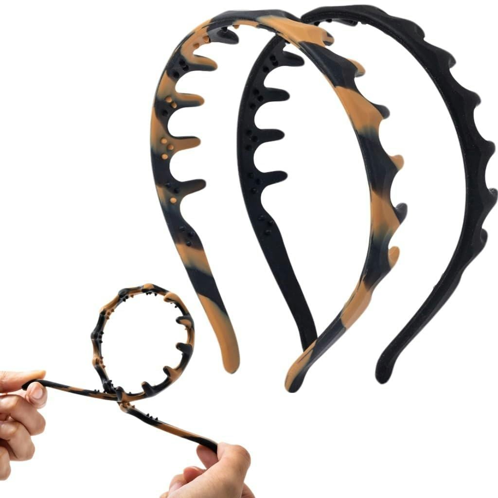 Set of flexible silicone comb headbands in black and tortoiseshell patterns, shown with inner teeth for secure, comfortable hair styling.