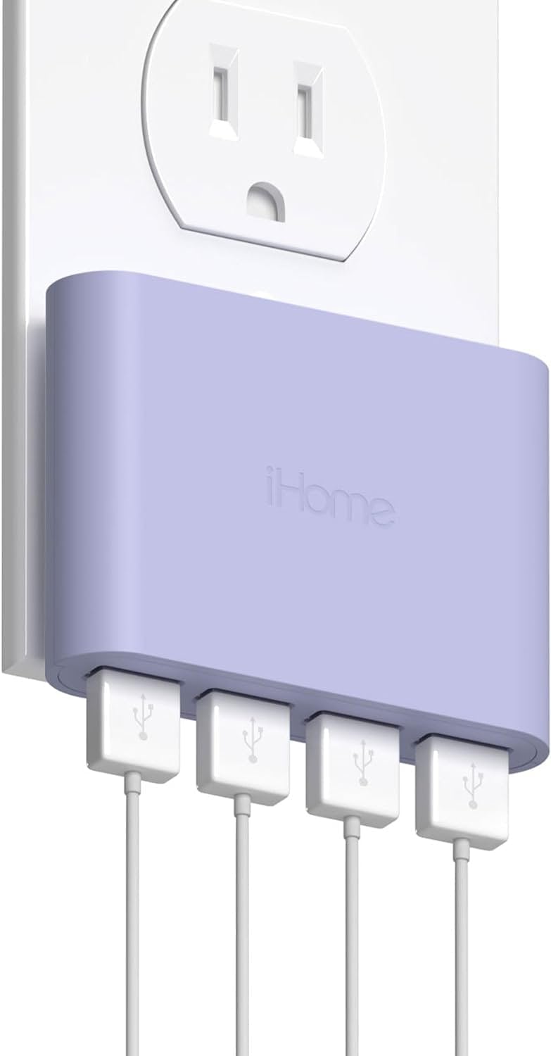 Lavender iHome slim USB wall charger plugged into a white outlet, powering four USB cables from a compact charging hub.