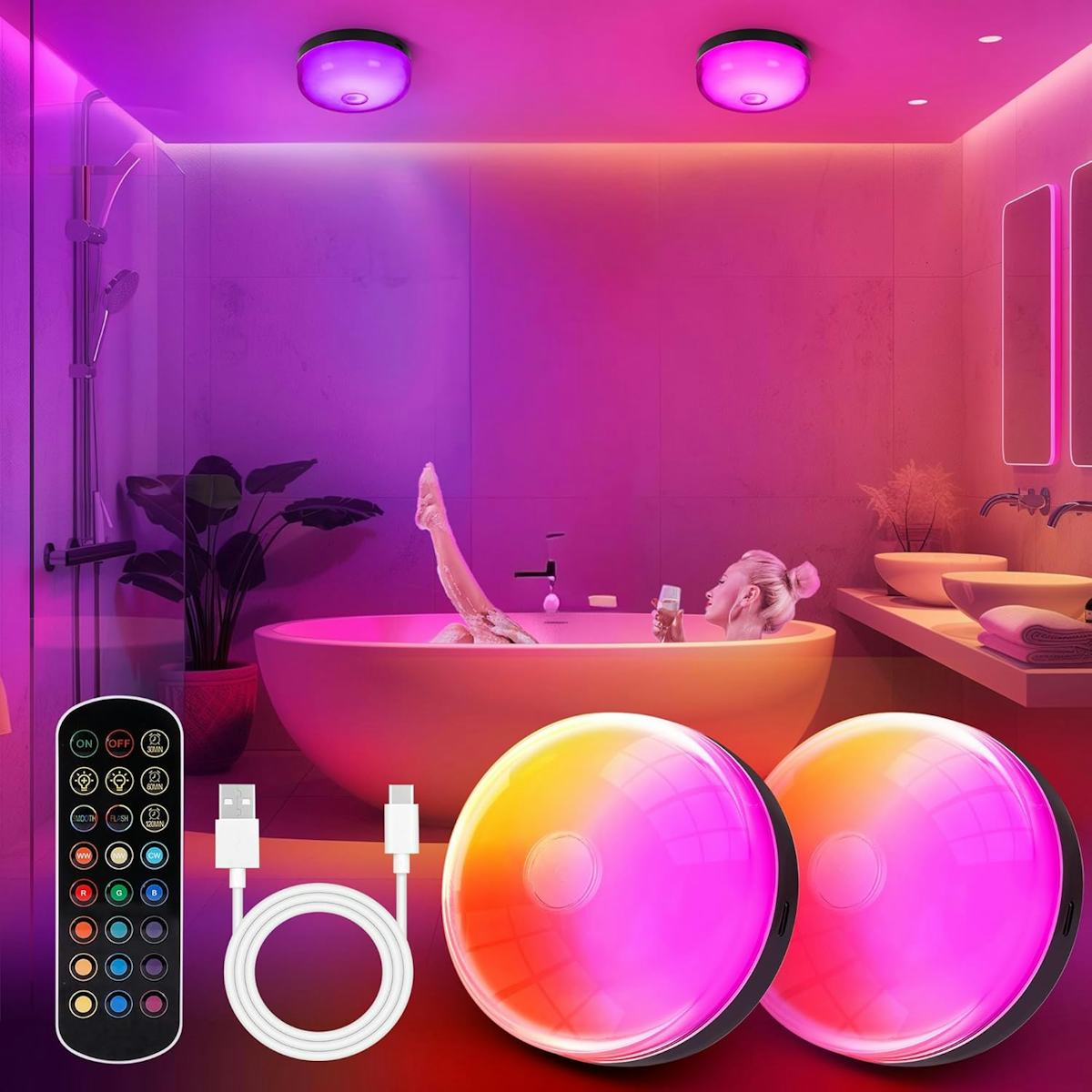 Two color-changing shower lights with remote and USB cable shown in a neon pink bathroom spa scene with a woman relaxing in a bathtub.