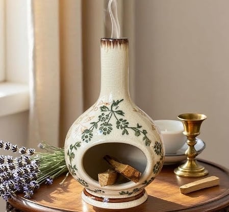 Hand-painted ceramic incense burner with green floral details, smoking chimney, wood pieces, lavender bundle, and brass candle holder on a table.