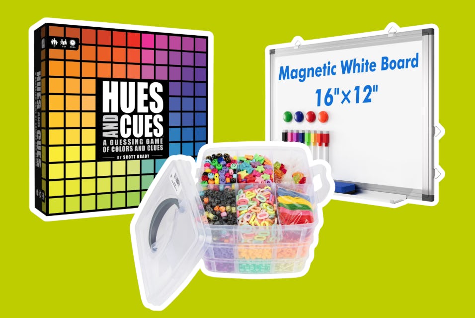 Collage of kids birthday gift ideas, including Hues and Cues board game, magnetic whiteboard, and colorful bead craft kit.