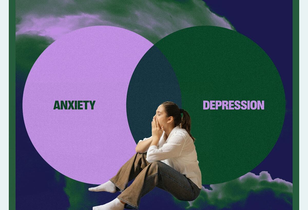 Illustration of a seated woman between overlapping circles labeled anxiety and depression, representing postpartum mental health challenges.