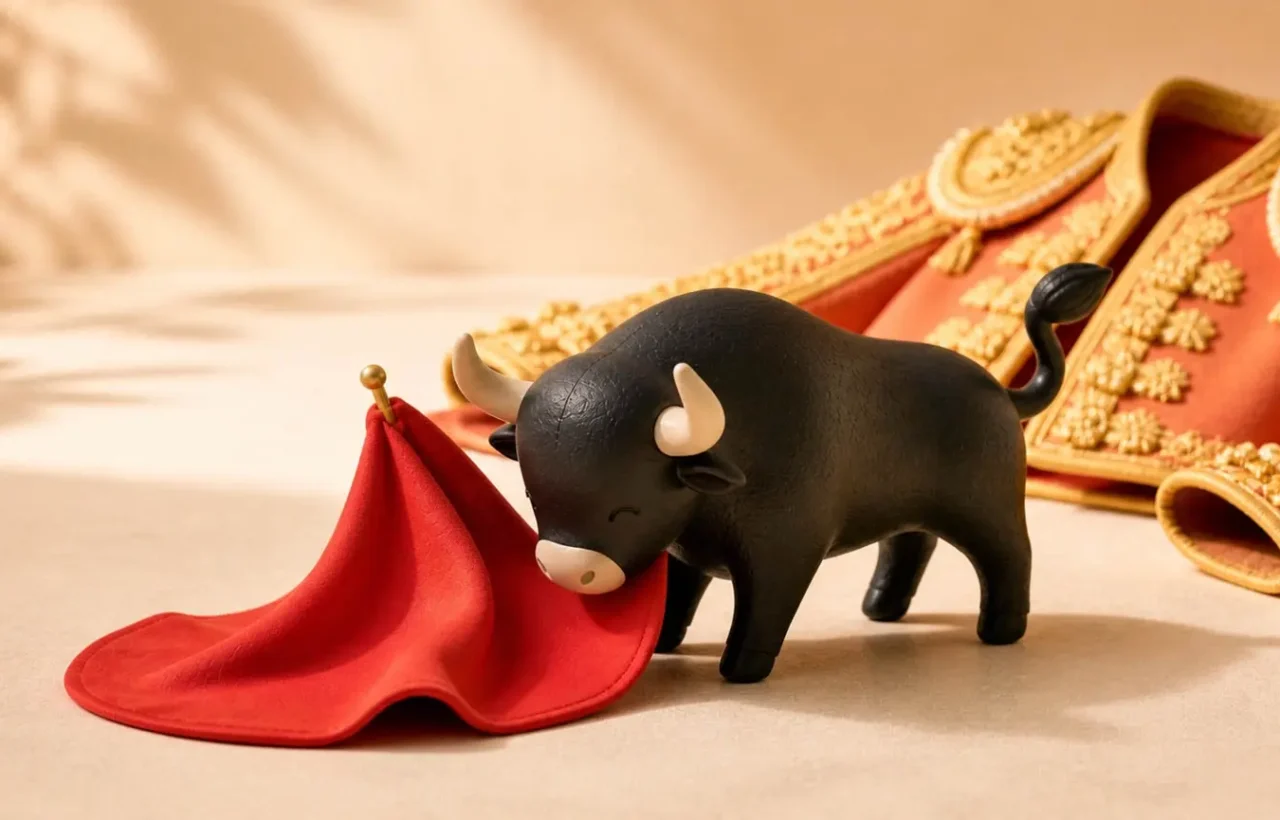 Toy black bull nudging a red matador cape with an ornate Spanish bullfighter jacket in the background, symbolizing Spain and Spanish culture.