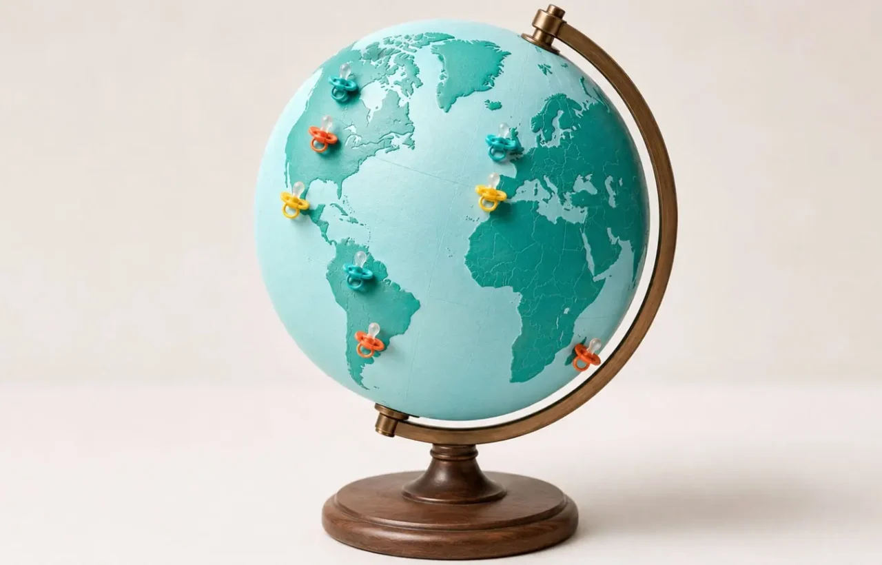 Turquoise globe on a wooden stand with colorful pacifier pins marking countries, symbolizing popular baby names around the world.