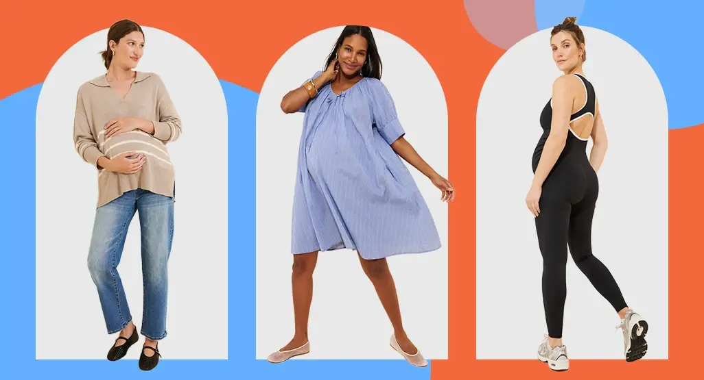 Three pregnant models wearing maternity jeans, a blue dress, and black activewear against a bright orange and blue graphic background.