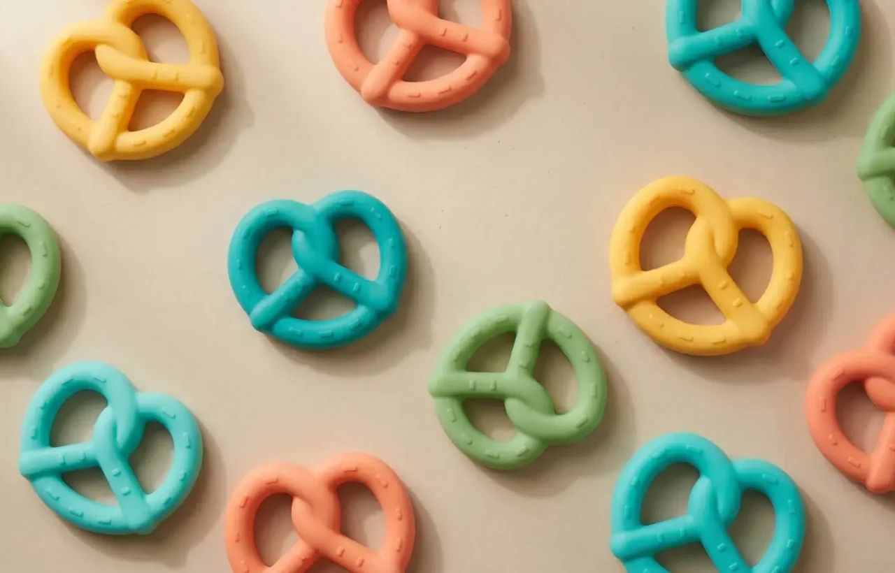 Pastel pretzel-shaped baby toys in yellow, teal, coral, and green scattered on a neutral background for a German baby names article.