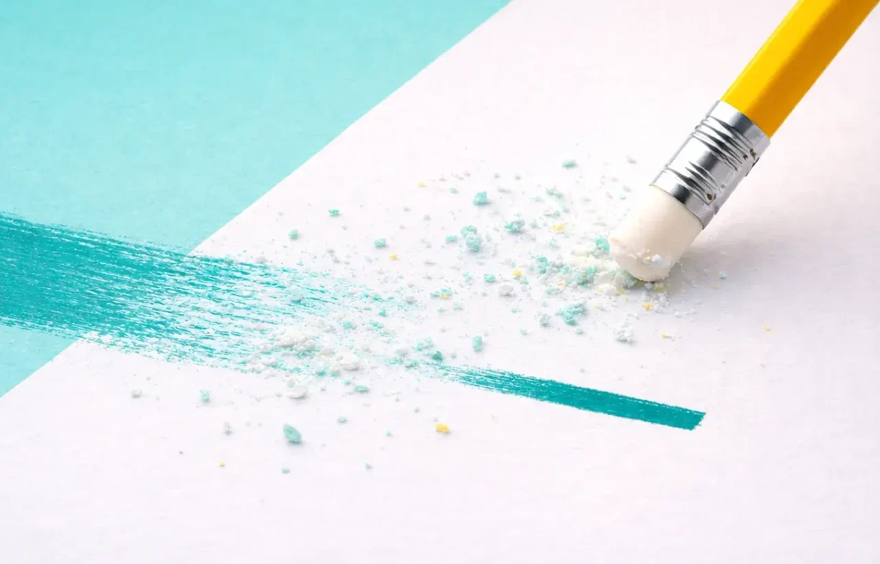 Yellow pencil eraser rubbing out a turquoise line on white paper, suggesting editing, simplicity, and shortening names.