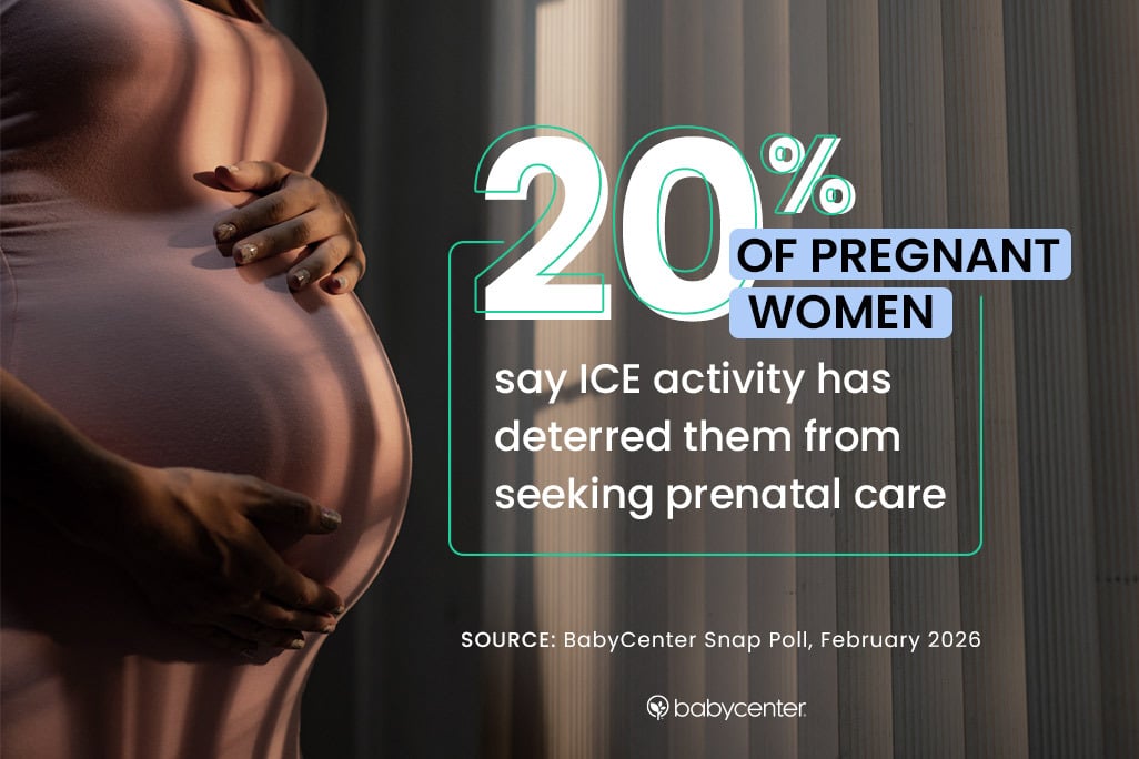 Graphic of a pregnant woman with text stating 20% of pregnant women say ICE activity deterred them from seeking prenatal care.