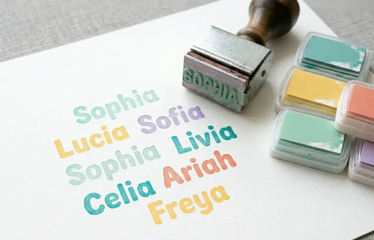 Pastel name stamps on white paper showing Sophia and similar baby girl names, with ink pads and a wooden rubber stamp nearby.