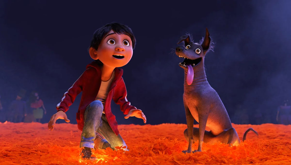 Miguel from Disney-Pixar's Coco kneels beside Dante the dog on glowing orange marigold petals in a vibrant Land of the Dead scene.