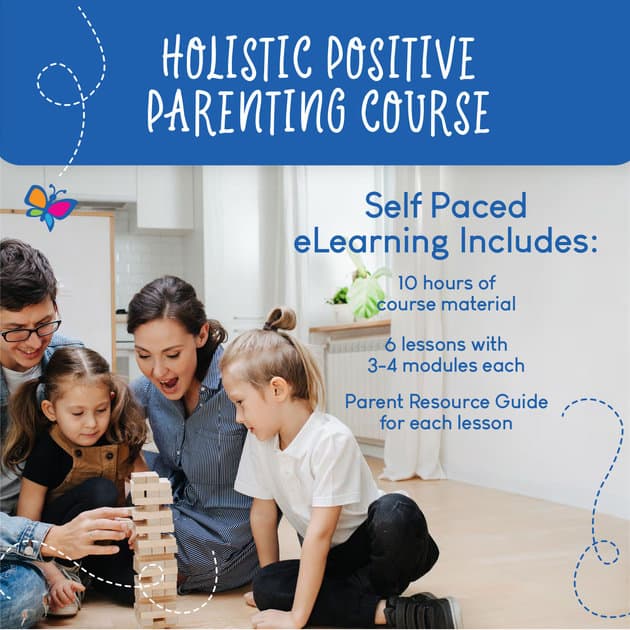 Family stacking wooden blocks beside text for a holistic positive parenting course.