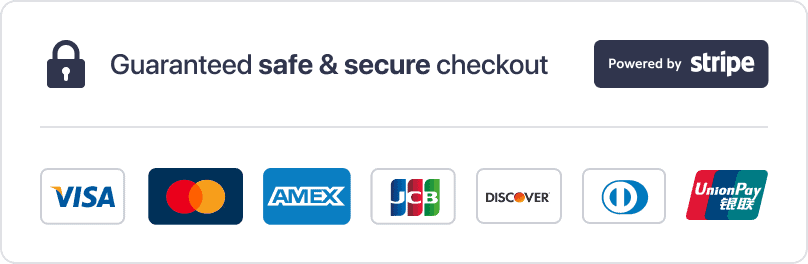 Secure checkout badge with lock icon, Stripe label, and card payment logos.