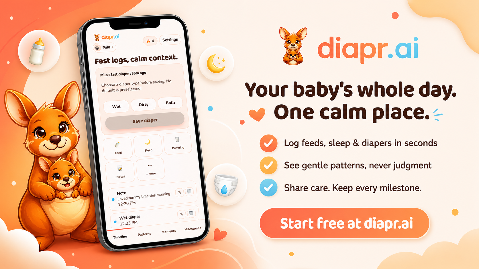 diapr.ai graphic with kangaroo characters, baby-care app screen, and headline about logging a baby's day