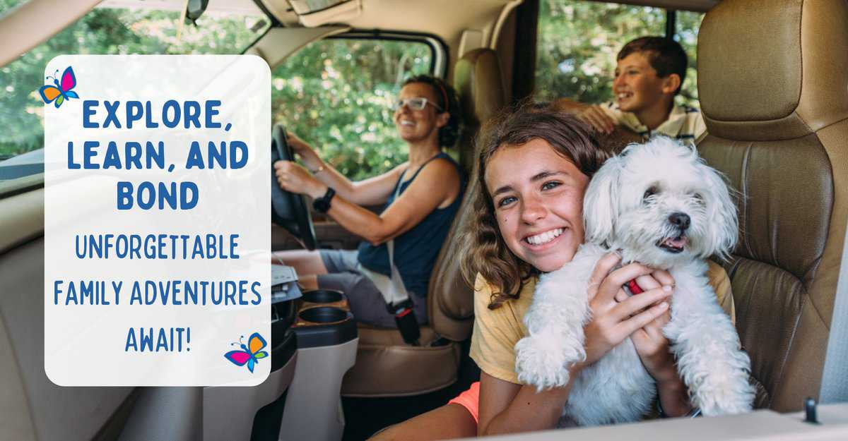 Smiling people in a vehicle, including a child holding a white dog, beside a travel-themed text overlay.