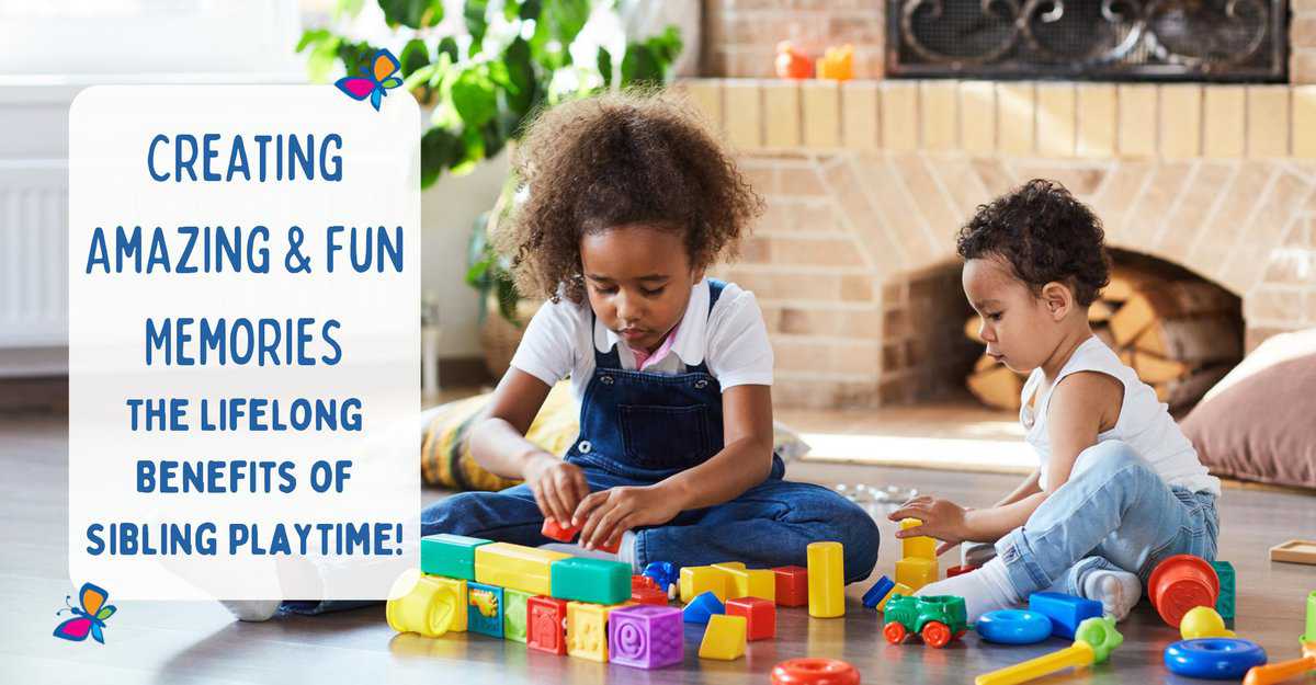Two young children sit on a floor playing with colorful blocks beside text about sibling playtime.