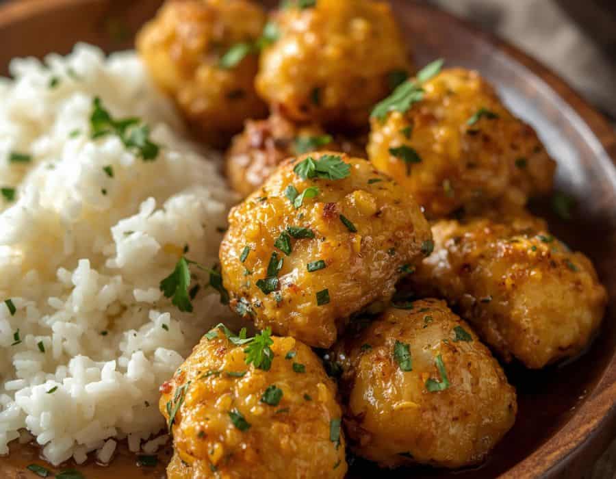 Golden sauced bite-sized pieces served with white rice and chopped green herbs on a brown plate.