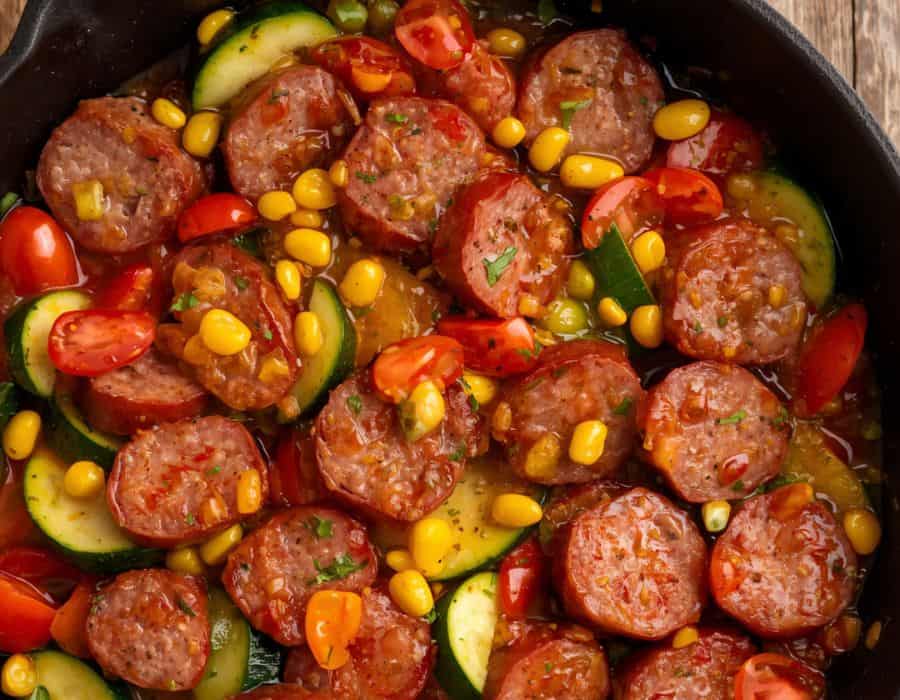 Sliced sausage with zucchini, tomatoes, and corn in a skillet