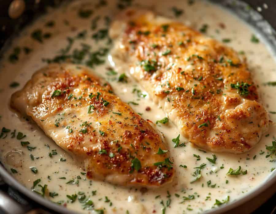 Two browned chicken fillets in a creamy sauce with chopped green herbs in a skillet