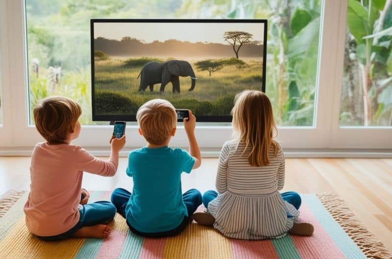 Three children sit on a rug watching a screen showing an elephant in a grassy landscape.