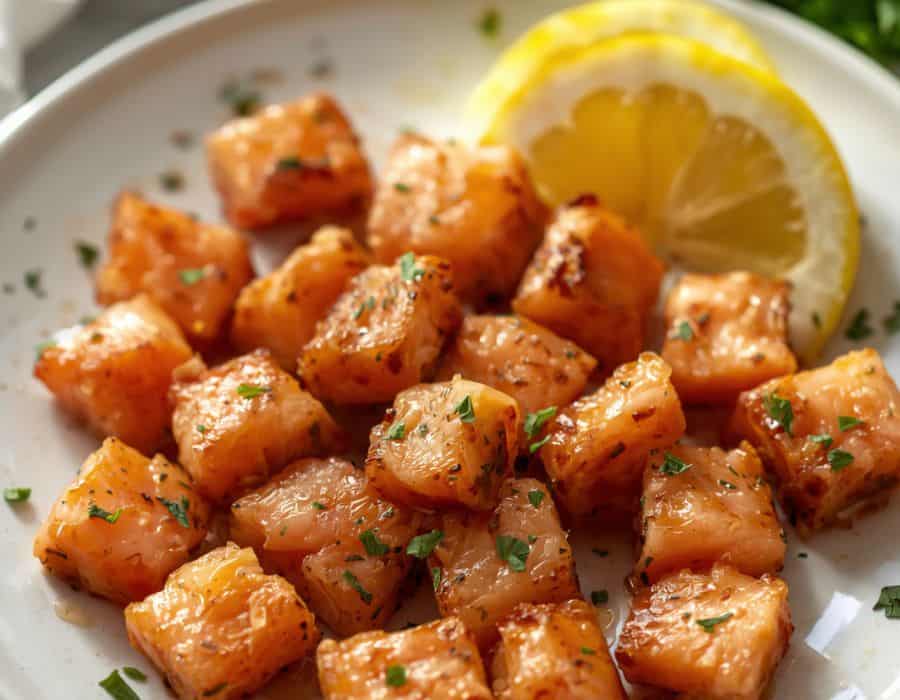 Bite-size browned salmon pieces on a white plate with lemon slices and chopped herbs.