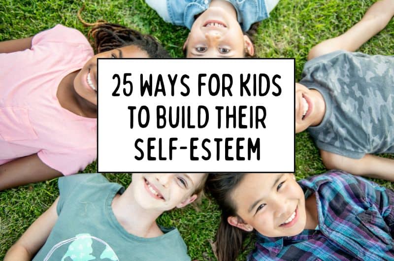 Five smiling children lying in a circle on grass around text about building self-esteem