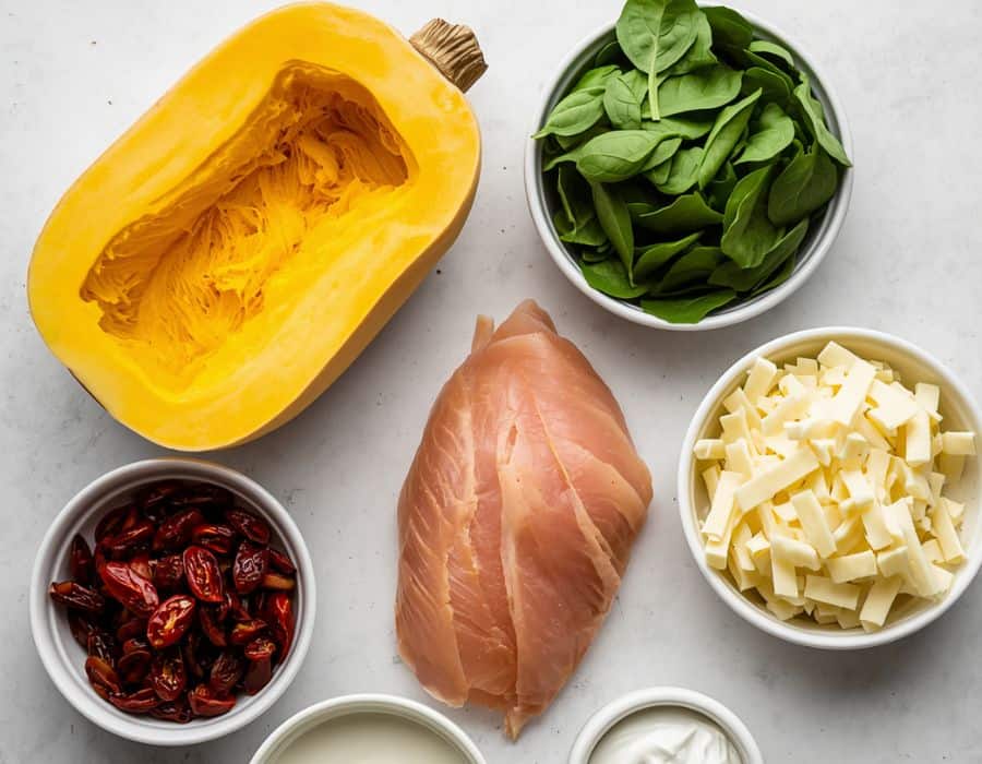 Raw chicken breast with halved yellow squash, spinach, cheese, and small bowls of tomatoes and sauce