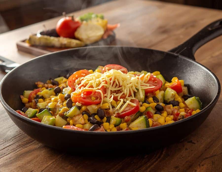Steaming skillet with corn, black beans, zucchini, tomatoes, and shredded cheese on a wooden table