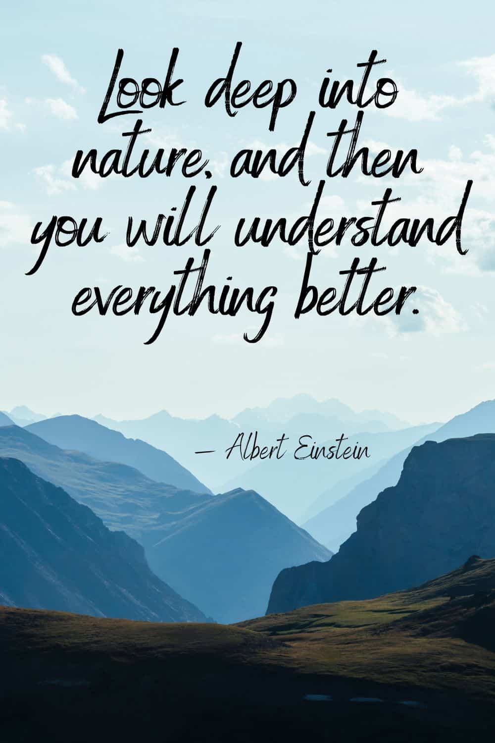Nature quote over a blue mountain valley landscape under a pale sky