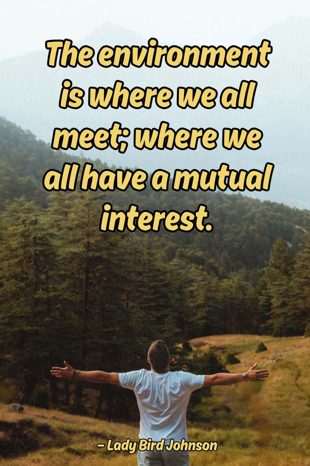 Person with arms outstretched in a wooded mountain landscape under an environment quote.