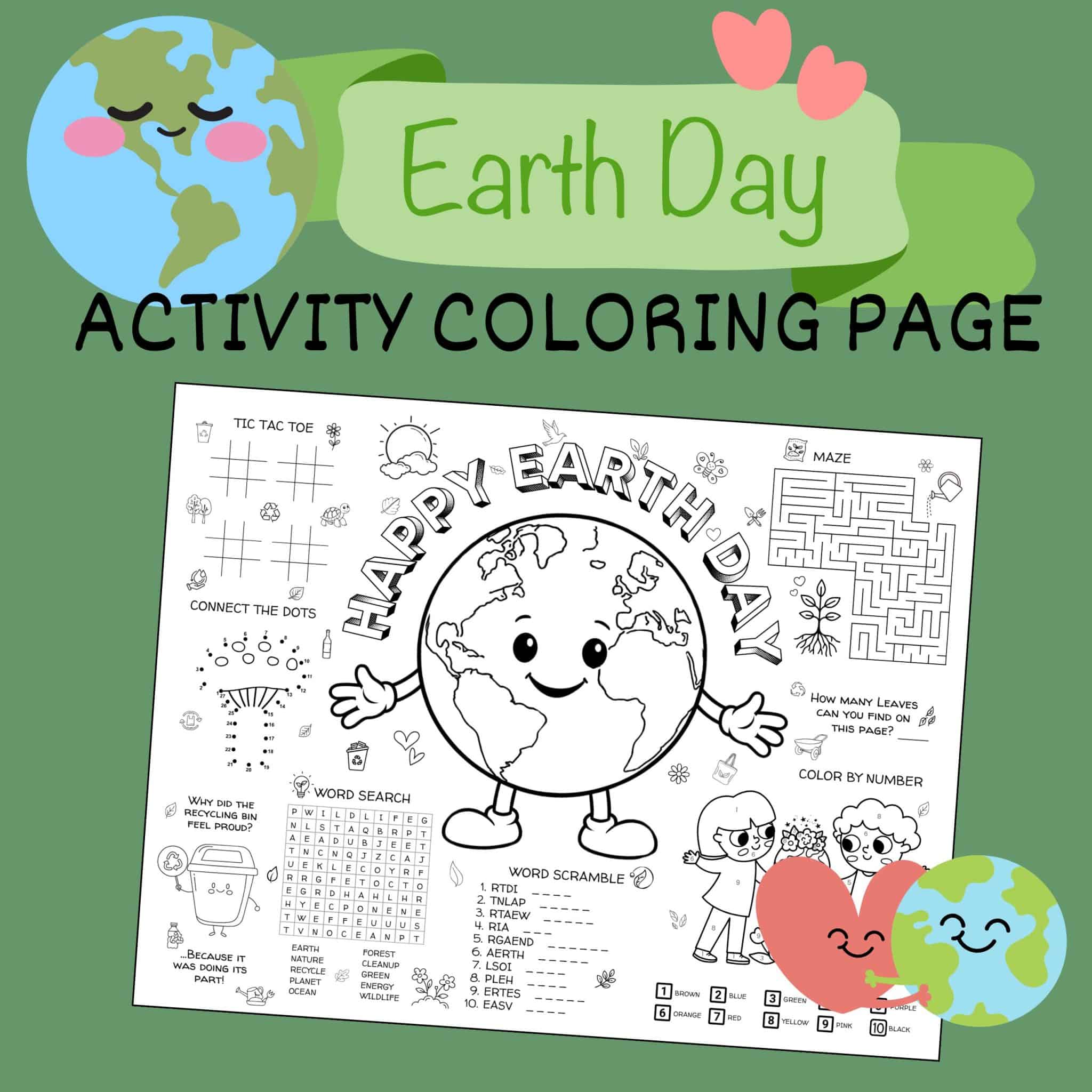 Earth Day activity coloring page graphic with a smiling globe, games, maze, and decorative hearts.