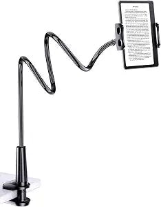 Flexible clamp arm holding an e-reader against a plain white background.