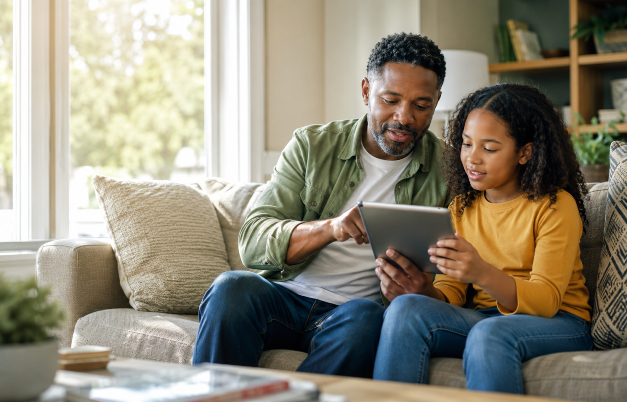Adult man and young girl sitting on a couch looking at a tablet together