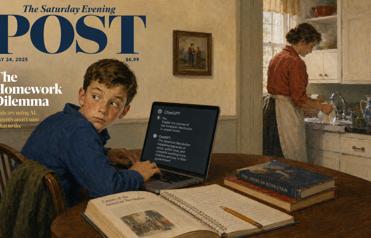 Magazine cover showing a boy at a table using ChatGPT on a laptop while an adult washes dishes nearby.