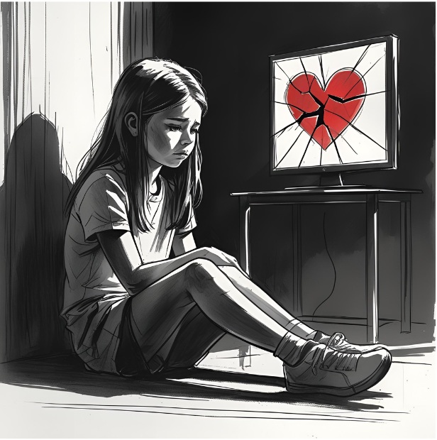Sad girl sitting on the floor beside a monitor showing a cracked red heart.