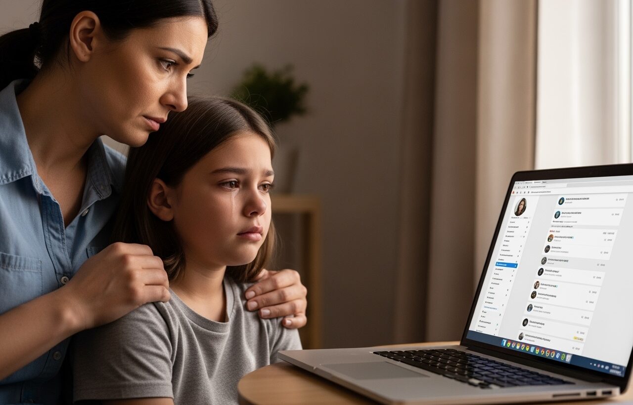 Adult woman holds a tearful girl while they look at a laptop showing an unreadable social interface.