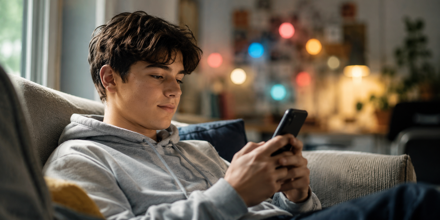 Young person in a gray hoodie lying on a couch and looking at a smartphone.