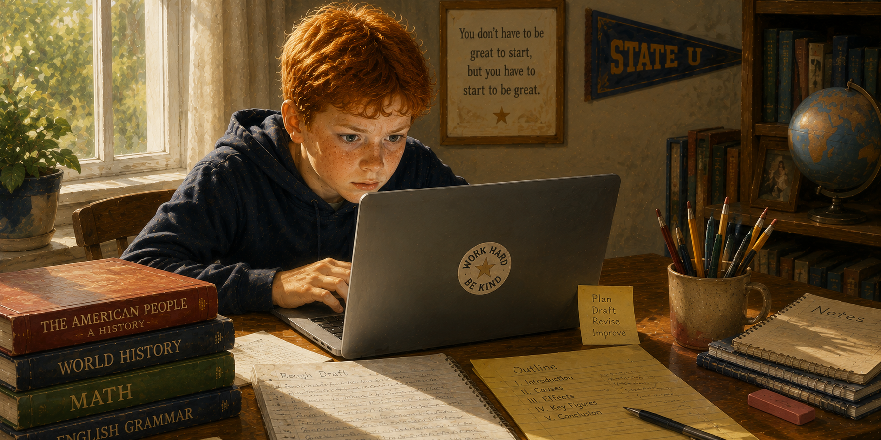 Child working on a laptop at a desk with textbooks, notes, pencils, and school-themed wall decor.