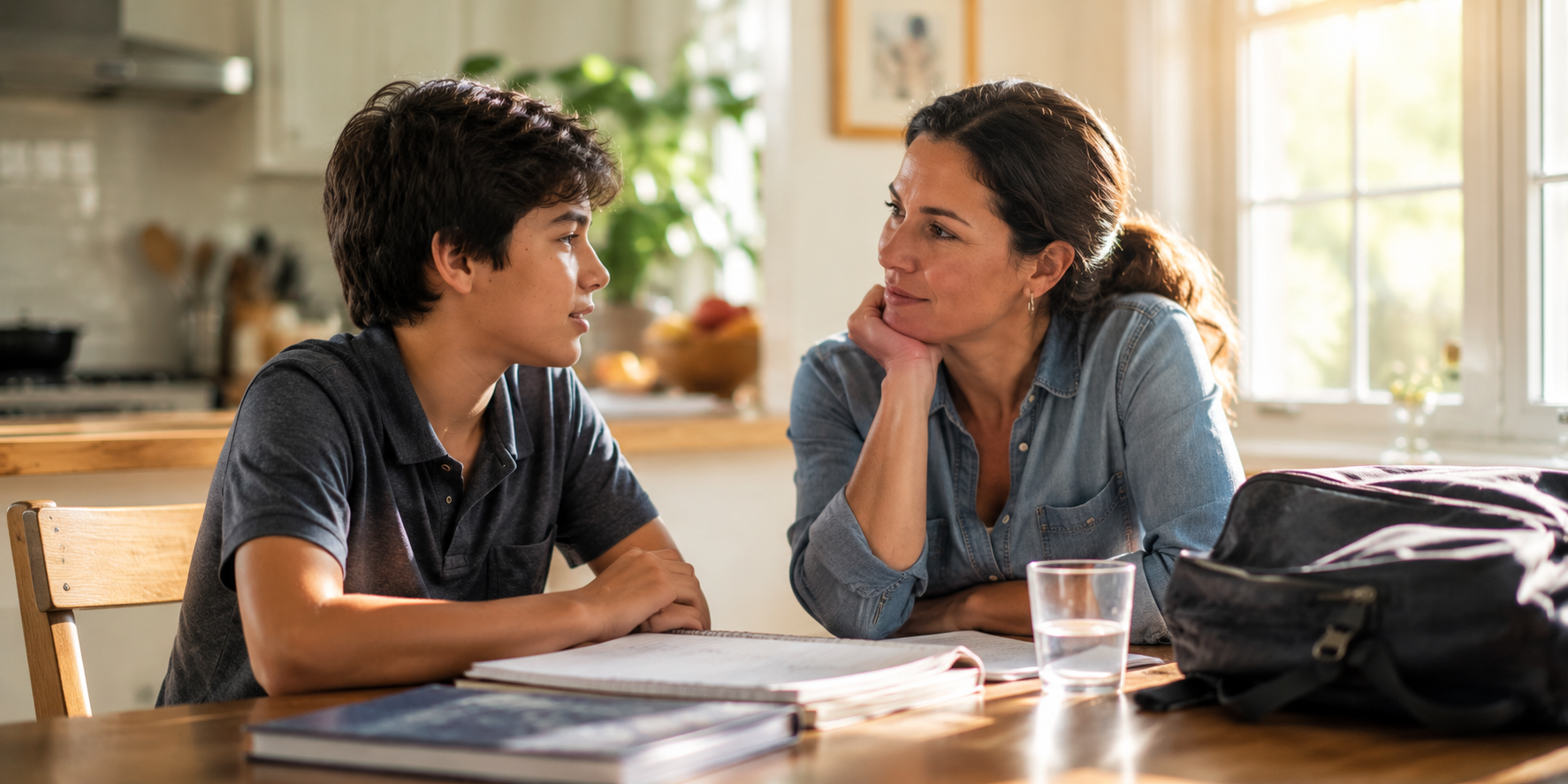 Boy and woman sit at a kitchen table with notebooks, a glass of water, and a backpack.