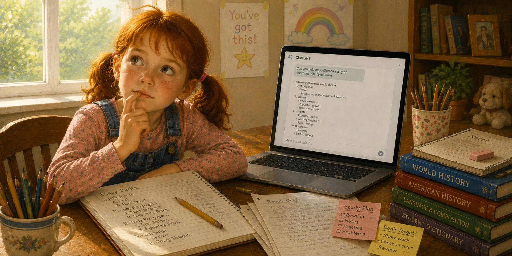 Child at a desk beside a laptop showing ChatGPT essay-outline help, with notebooks, pencils, books, and study notes.